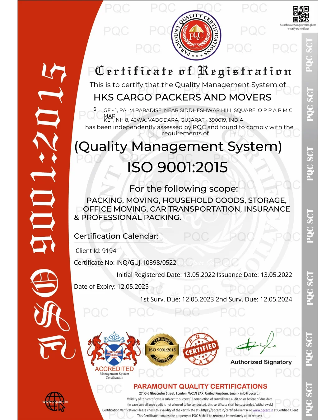HKS Cargo Packers and Movers's ISO Registration